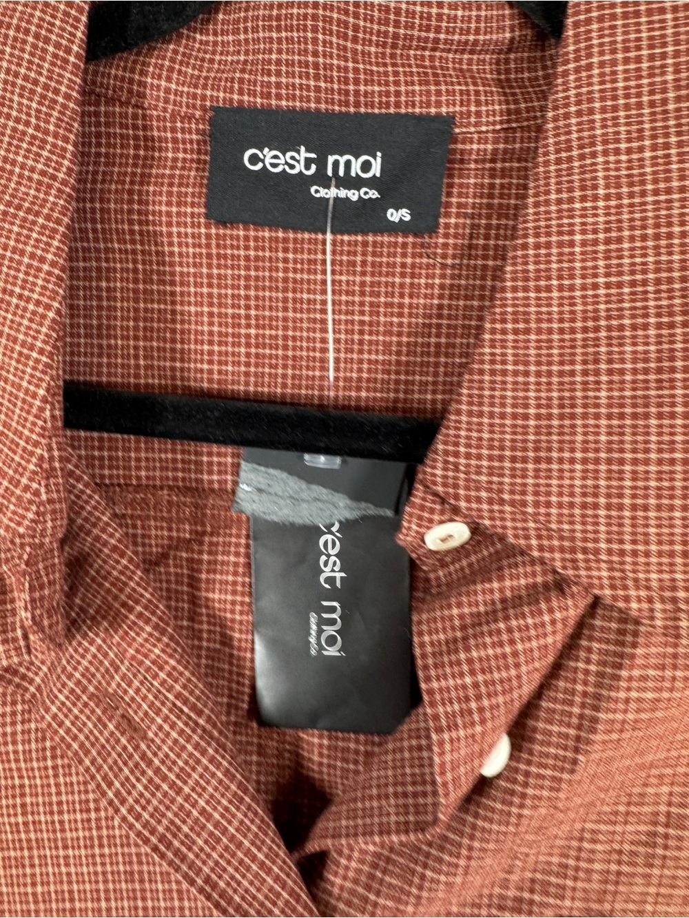 C'est Moi Brown Rust Check Button Up Shirt OS Oversized Minimalist Casual Cotton - Picture 5 of 12